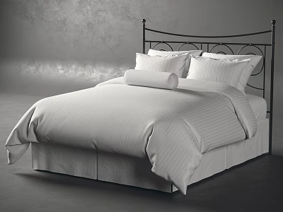 Double Bed with Black Metal Headboard White Striped Bedspread and Pillows in Modern Bedroom Setting 3d model