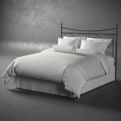 Double Bed with Black Metal Headboard White Striped Bedspread and Pillows in Modern Bedroom Setting 3d model
