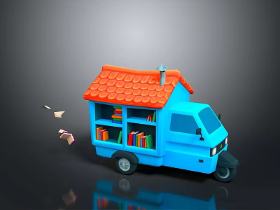 Blue Van Featuring Red Roof And Bookshelves With Books And Paper Planes 3d model