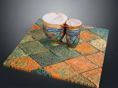 Traditional Ornate Decorative Hand Drums On Colorful Patterned Square Mat 3d model