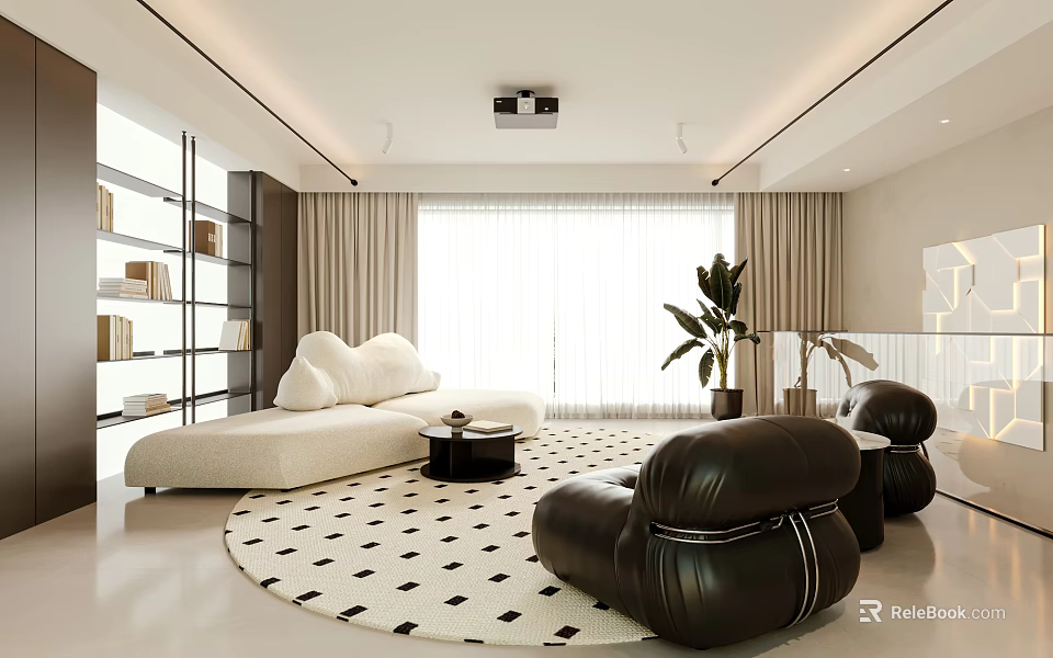 Modern Living Room Interior With White Curved Sofa Black Leather Armchair And Checkered Round Rug 3d model 