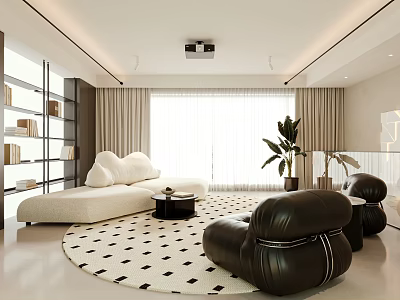 Modern Living Room Interior With White Curved Sofa Black Leather Armchair And Checkered Round Rug 3d model
