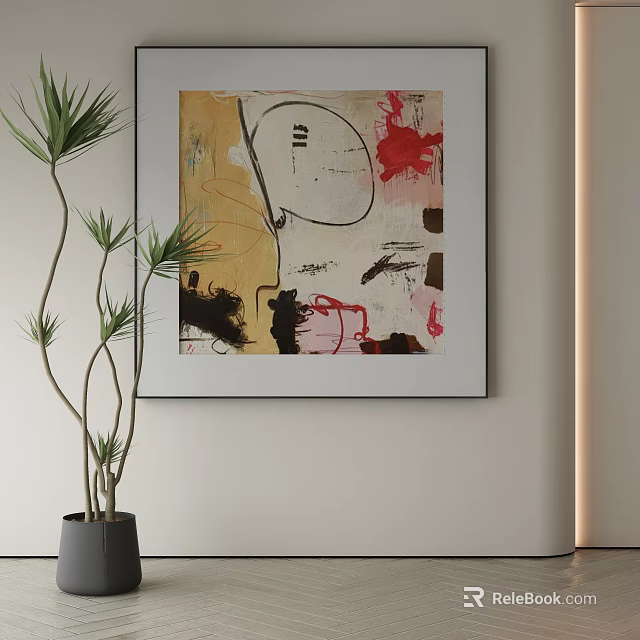 Abstract Painting As Wall Art In Modern Interior With Decorative Plant 3d model 