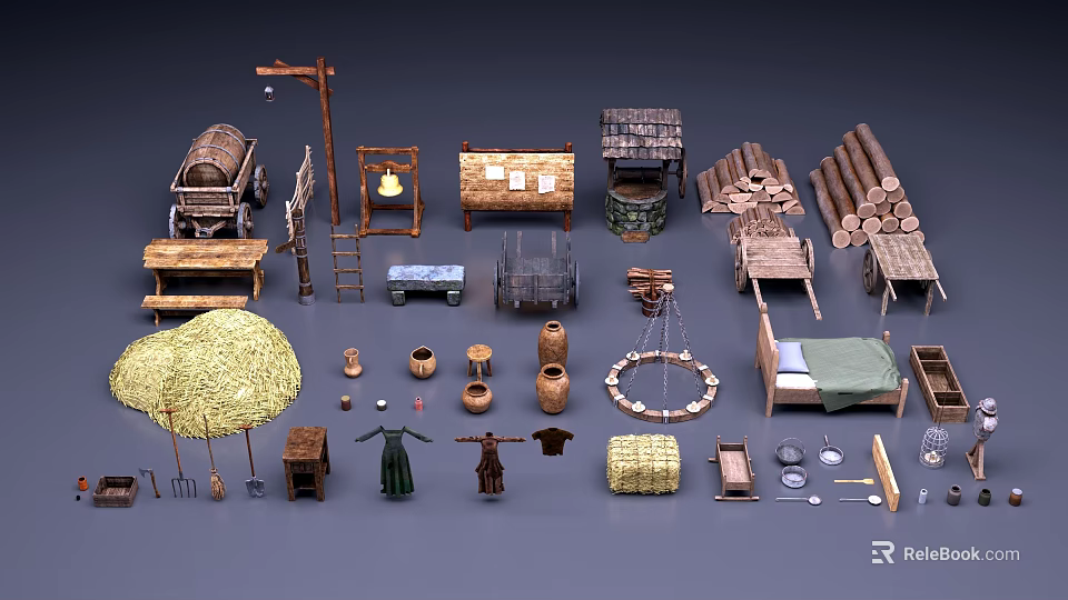 Ancient Rural Public Facilities Display With Wooden Tools Haystack Barrels Tables And Beds 3d model 