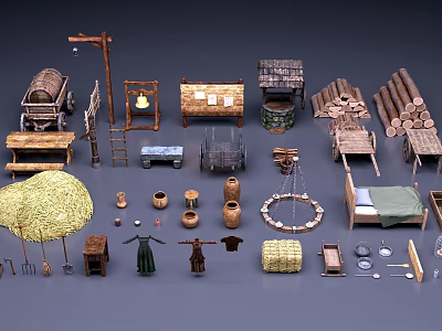 Ancient Rural Public Facilities Display With Wooden Tools Haystack Barrels Tables And Beds 3d model