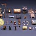 Ancient Rural Public Facilities Display With Wooden Tools Haystack Barrels Tables And Beds