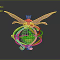 Golden Decorative Ornament With Intricate Wings And Circular Sphere Containing Pink Flame In Ornate Frame