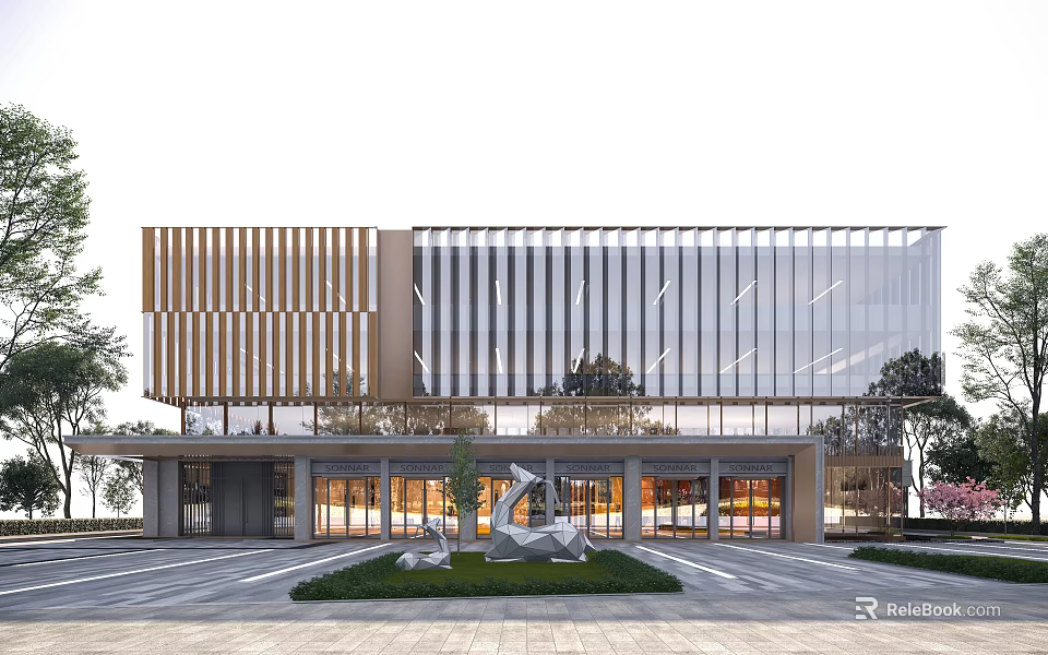 Modern Public Building Exterior With Glass Curtain Wall Vertical Stripes And Plaza Sculpture 3d model 