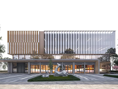 Modern Public Building Exterior With Glass Curtain Wall Vertical Stripes And Plaza Sculpture 3d model