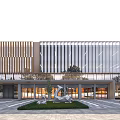 Modern Public Building Exterior With Glass Curtain Wall Vertical Stripes And Plaza Sculpture 3d model