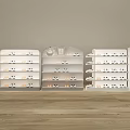 Shoe Store Interior With White Display Shelves And Various Shoes On