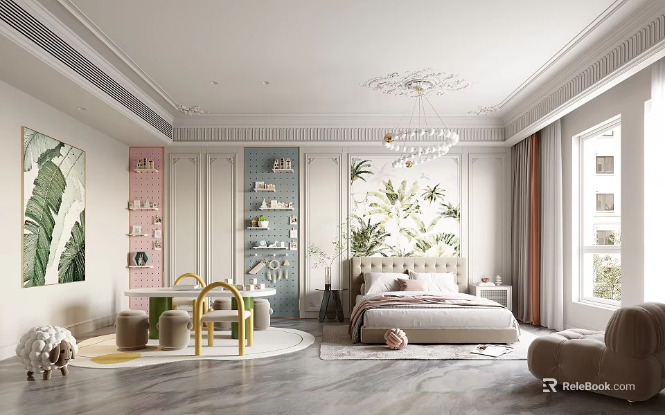 Cozy Kids Room Interior With Upholstered Headboard Yellow Table Chairs Green Plant Art And Chandelier 3d model 