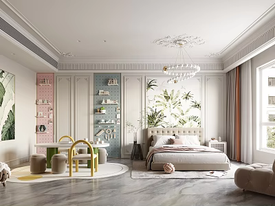 Cozy Kids Room Interior With Upholstered Headboard Yellow Table Chairs Green Plant Art And Chandelier 3d model