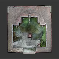 Architectural Model Of Garden With Red Border Green Water Feature And Central Tower