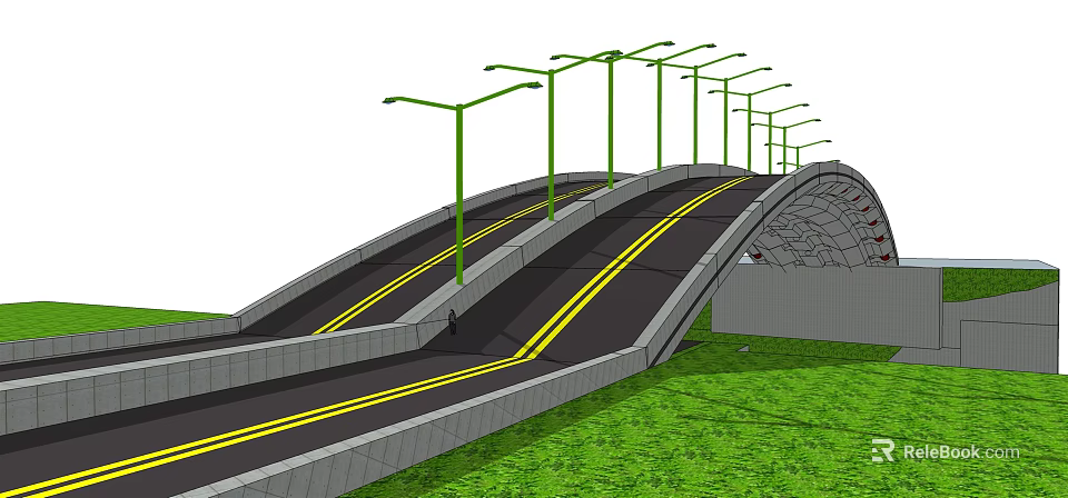 Modern Bridge With Two Way Lanes Yellow Lines Green Street Lamps And Green Grass 3d model 