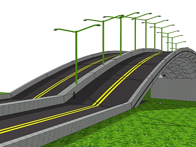 Modern Bridge With Two Way Lanes Yellow Lines Green Street Lamps And Green Grass 3d model