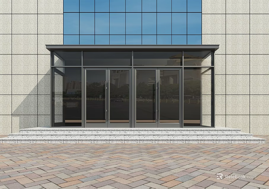 Modern Glass Entrance Door With Black Frame Awning Steps And Light Colored Facade 3d model 