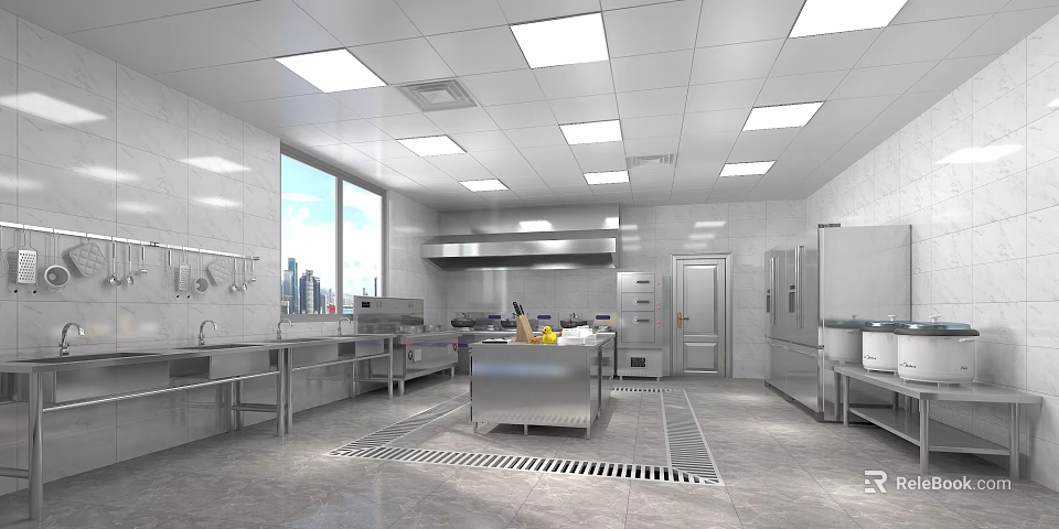 Modern Commercial Kitchen Interior With Stainless Steel Island Sink Range Hood Refrigerators And Ceiling Lights 3d model 
