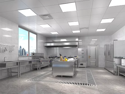 Modern Commercial Kitchen Interior With Stainless Steel Island Sink Range Hood Refrigerators And Ceiling Lights 3d model
