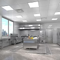Modern Commercial Kitchen Interior With Stainless Steel Island Sink Range Hood Refrigerators And Ceiling Lights