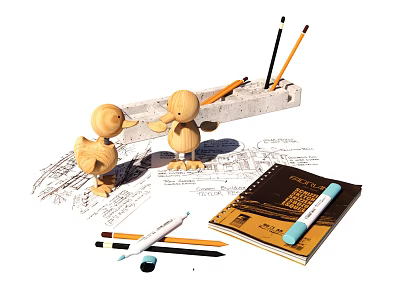 Wooden Duck Figurines With Notebook Pencils And Sketch Papers On Table 3d model