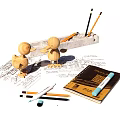 Wooden Duck Figurines With Notebook Pencils And Sketch Papers On Table