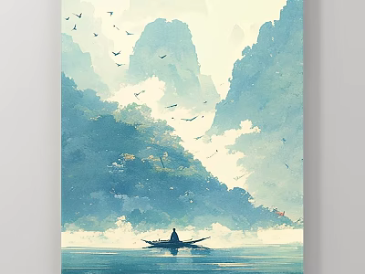 Tranquil Landscape Painting With Misty Blue Mountains Lake Boat And Flying Birds 3d model