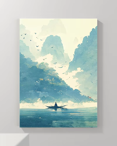 Tranquil Landscape Painting With Misty Blue Mountains Lake Boat And Flying Birds 3d model