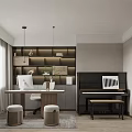 Modern Study Room Interior With Desk Shelves Piano And Stools 3d model
