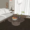 Round Wooden Grain Coffee Table with Fruit Bowl and Small Potted Plant in Living Room