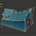 Blue Patterned Tent Structure With Open Flap Support Poles And Ropes