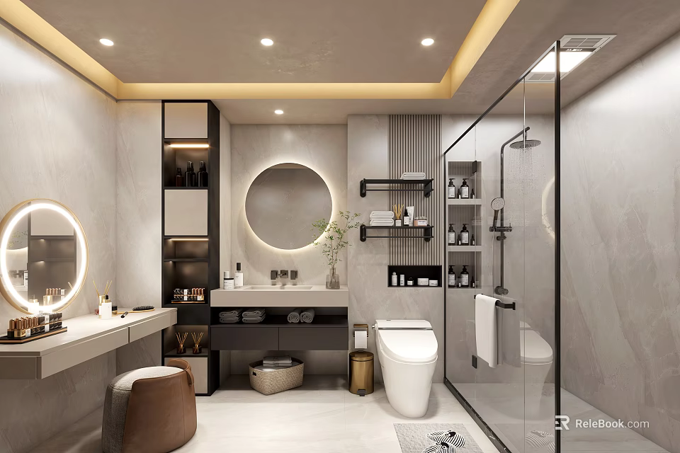 Elegant Modern Marble Bathroom With Round LED Mirror Smart Toilet And Glass Shower Area 3d model 