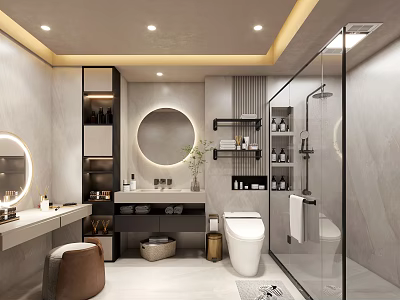 Elegant Modern Marble Bathroom With Round LED Mirror Smart Toilet And Glass Shower Area 3d model