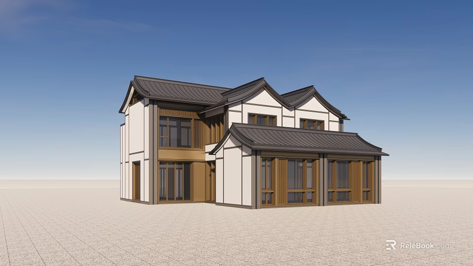 Traditional Style Detached Villa With Black Roof White Walls And Wooden Window Frames 3d model 