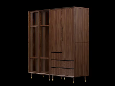 Modern Wooden Wardrobe With Lattice Doors And Drawers On Brass Legs Design 3d model