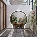 Traditional Chinese Teahouse Interior With Wooden Table Lattice Screens Green Plants And Hanging Scrolls