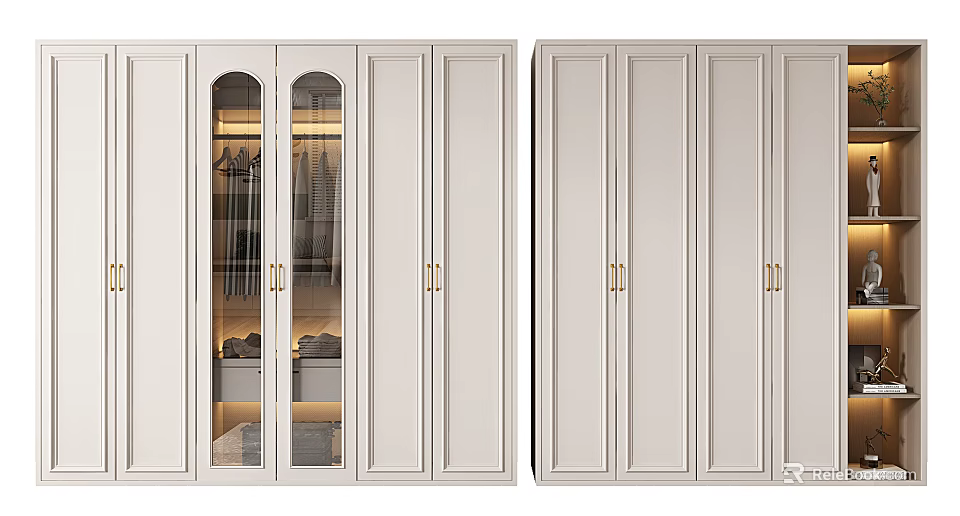 Modern Light Wardrobe with Glass Doors Internal Lighting Clothing Storage Solid Doors and Golden Handles 3d model 