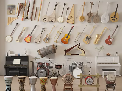 Musical Instruments and Art Supplies Collection With Wall Mounted Strings Percussion Piano and Drums 3d model