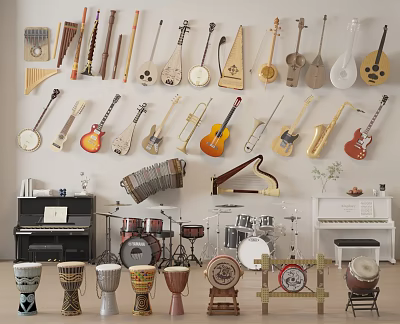 Musical Instruments and Art Supplies Collection With Wall Mounted Strings Percussion Piano and Drums 3d model