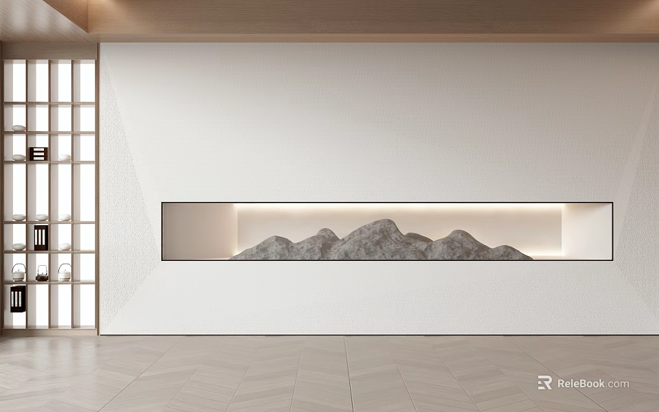 Modern White Background Wall with Recessed Niche Featuring Rock Mountain Decor and Wooden Lattice Window 3d model 