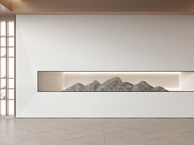Modern White Background Wall with Recessed Niche Featuring Rock Mountain Decor and Wooden Lattice Window 3d model
