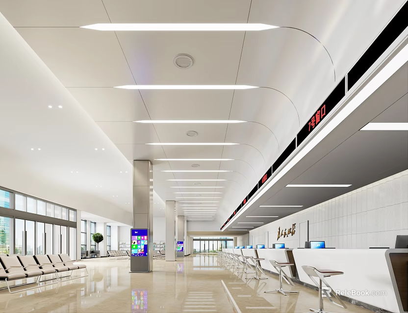 Modern Service Hall With Waiting Area Counters And Electronic Displays 3d model 