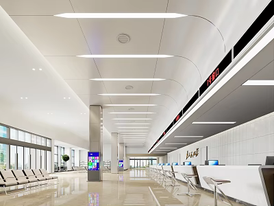 Modern Service Hall With Waiting Area Counters And Electronic Displays 3d model