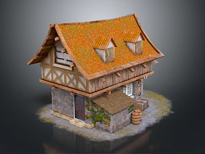 Traditional Cottage Building with Orange Tiled Roof Timber Frame Stone Walls and Wooden Windows 3d model