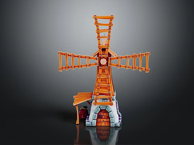 Cartoon Scene of Windmill with Colorful Wooden Structure Small Stairs and Little Door 3d model
