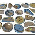Varied Children's Playground Equipment With Round Oval Shapes Sandpit Areas And Pastel Colors