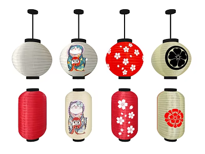 Traditional Chinese Lanterns In Various Colors With Cherry Blossom And Cartoon Patterns 3d model