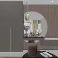 Modern Console And Side Cabinet With Round Mirror Pendant Light And Decorations