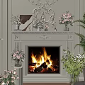 Live Stream Of Elegant Fireplace With Carved Decorations Burning Flames Fresh Flowers And Green Plants