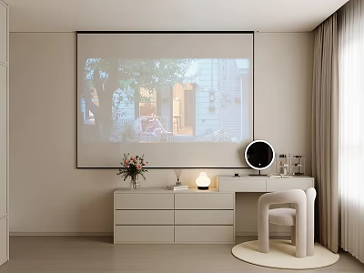 Modern Minimalist Dressing Table With Drawers Round Mirror Stylish Chair Flower Vase And Projector Screen 3d model